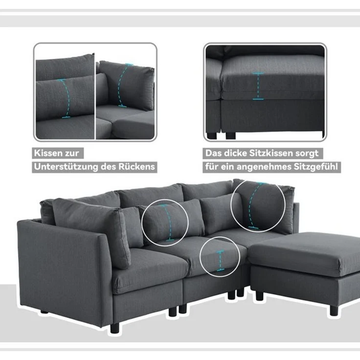 Merax 3-Sitzer mit Hocker, XXL Sofa, aus Leinen mit 2 Kissen,Sofagarnitur,Loungesofa,modulare Couch – Bild 4