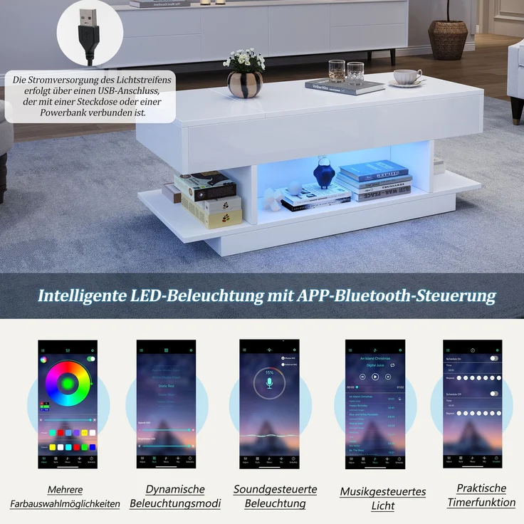 Couchtisch Weiß Hochglanz mit LED, Lift-Top Funktion, seitlichen Ablagen & 4 offenen Fächern, Wohnzimmertisch – Bild 8