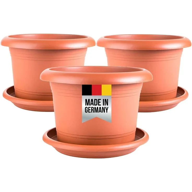 Centi Blumentopf Pflanzkübel groß außen, Blumentopf mit Untersetzer (Spar Set, 3 St, 35 cm), Pflanzentopf mit Löcher, Rundtopf Pflanztopf Terracotta