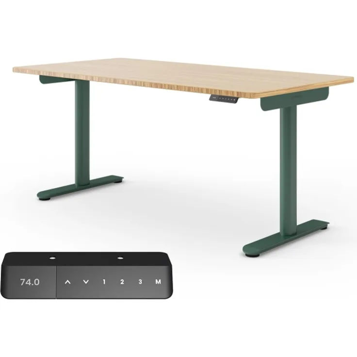Ergotopia Desktopia One I Elektrisch höhenverstellbarer Schreibtisch I Tischplatte: 180x80cm, Bambus Echtholz I Gestell Waldgrün I Top Preis-Leistung