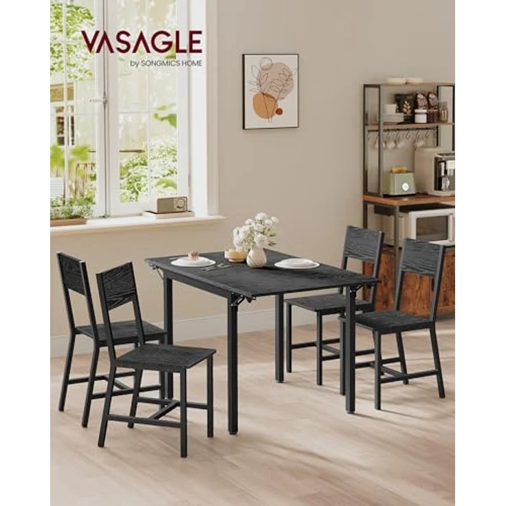 VASAGLE Klappbarer Esstisch mit 4 Stühlen, Essgruppe, für Wohnzimmer, Küche, Stahlgestell, einfacher Aufbau, ebenholzschwarz-anthrazitgrau-tintenschwarz KDT077B03-02 – Bild 3