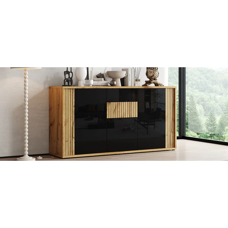 ZUBALIYA Sideboard 140x35x71 cm, mit 3 Türen, aus MDF / Spanplatte, Schwarz / Natur – Bild 11