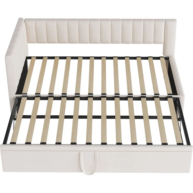 Multifunktionales L-förmiges Schlafsofa mit Ausziehbett 90/180*200cm, Polsterbett in Samtstoff, platzsparendes Design für Kinderbett, Gästebett Beige – Bild 6