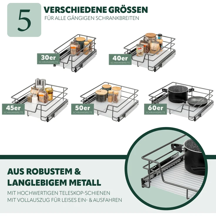 Teleskopschubladen 2er Set - für 40 cm Schrank mit Einlegeboden, aus Metall, (Grau) – Bild 5