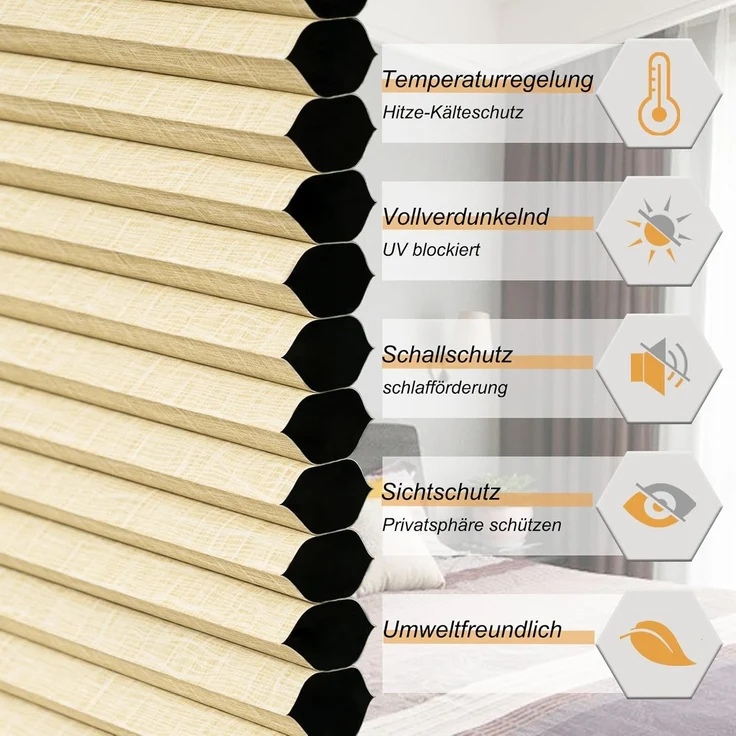 WOLTU Wabenplissee ohne Bohren Verdunklung Thermo Doppelplissee Klemmfix Zweifarbig 70x120 cm Beige-Weiß, Plissee Faltrollo Sonnen-, Sicht- & Schallschutz, Jalousie Plisseerollo für Fenster & Tür – Bild 2