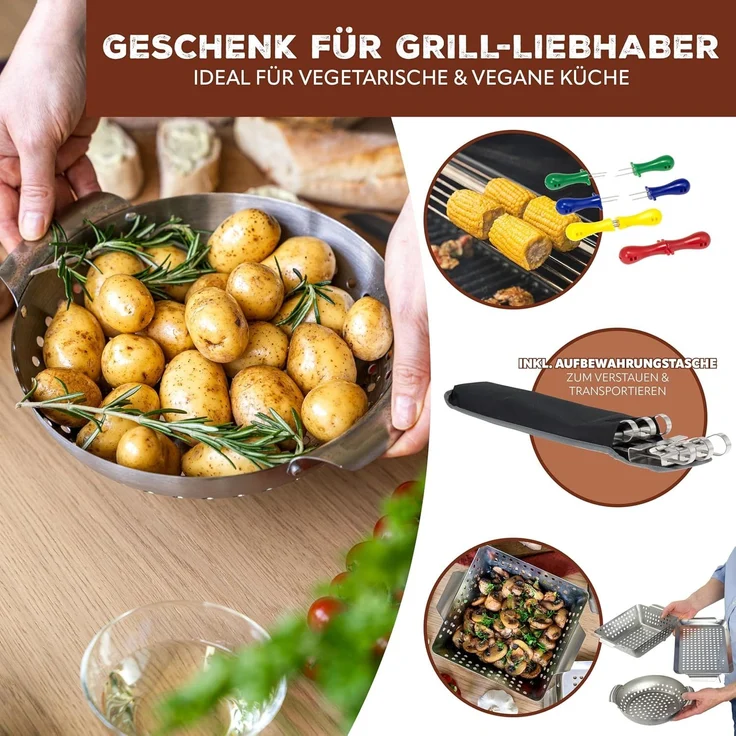 Veggie Grill-Set 13tlg. Grillkörbe, Grillplatten, Grillspießen und Maiskolbenhaltern aus rostfreiem Edelstahl – Bild 6