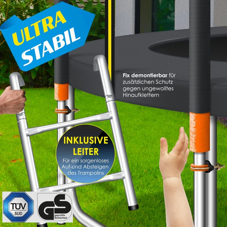 KESSER® - Trampolin | TÜV Rheinland GS Zertifiziert | Komplettset mit Sicherheitsnetz, Leiter, Randabdeckung, Seitentasche & Zubehör | Kindertrampolin Gartentrampolin Belastbarkeit 150 kg Orange, 427 cm – Bild 5