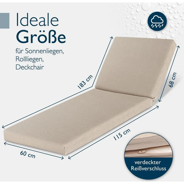 Beautissu Liegenauflage Deckchair Auflagen Wasserdicht QD-RL, 190x60cm, Beige, Sonnenliege Auflage Outdoor Polster Wetterfest Schnell Trocknend – Bild 1