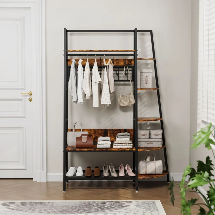 Freistehende, offene Garderobe im Industriestil mit Ablagen – Retro-braune Hängegarderobe für Schlafzimmer, Wohnzimmer und Homeoffice – Multifunktionale Aufbewahrung für Kleidung und Schuhe – Schwarz + Braun – 118 x 41,5 x 183 cm – YOUDENOVA – Bild 2