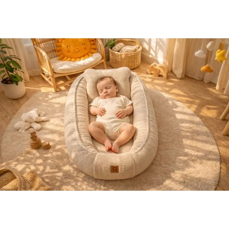 Babynestchen Neugeborene – 5-teiliges Baby Set mit Babynest aus Waffelpique Baumwolle – Nestchen Baby für Babybett & Kinderbett – Babykokon Tragbar – OEKO-TEX zertifiziert – Zubehör Babybett - Sand – Bild 2