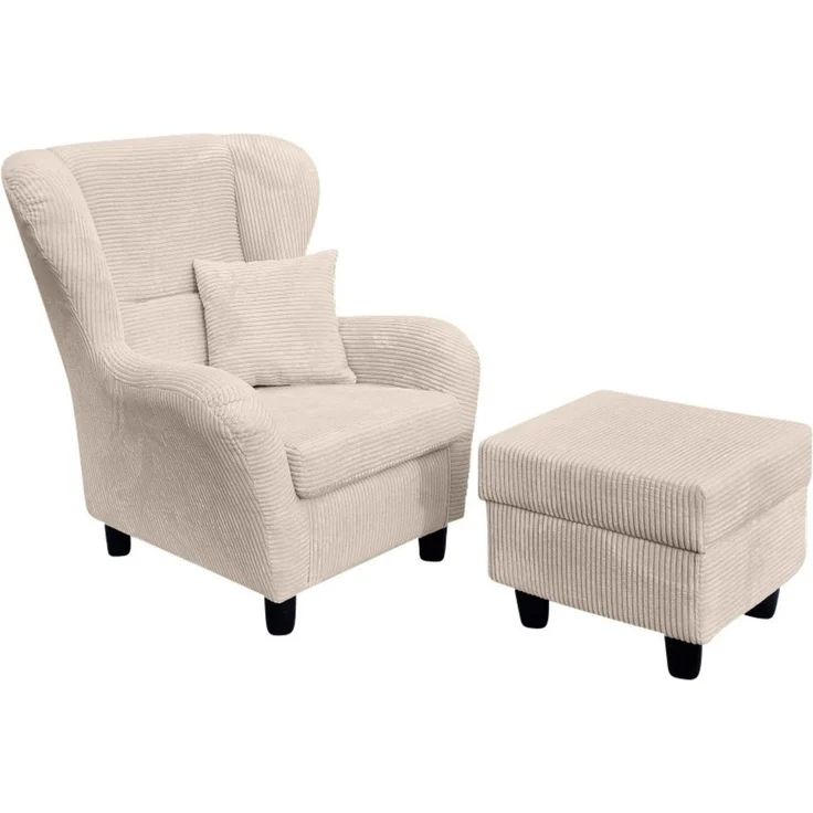 Ohrensessel mit Hocker Landhausstil Polster-TV-Lesesessel Cordstoff Beige Creme – Bild 1