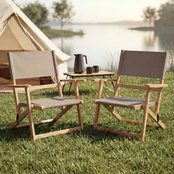2er-Set Bambus Campingstuhl HWC-Q42, Gartenstuhl Balkonstuhl Freizeitstuhl klappbar Outdoor Stoff/Textil ~ creme – Bild 1