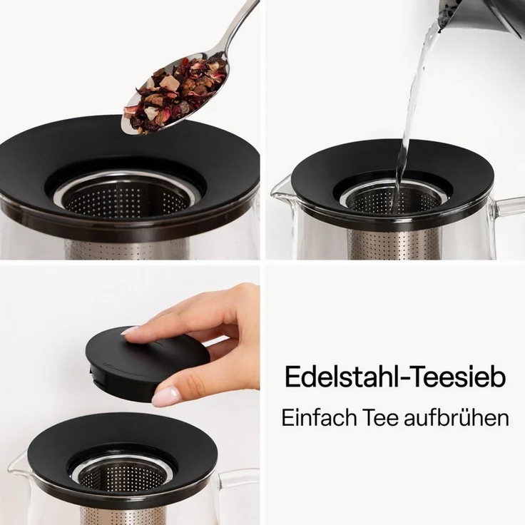 MiaMio Teekanne mit Stövchen und Siebeinsatz, 1,5 l, 1,5 l, (Set, 4-St, mit Stövchen), Borosilikatglas, mit Siebeinsatz – Bild 3