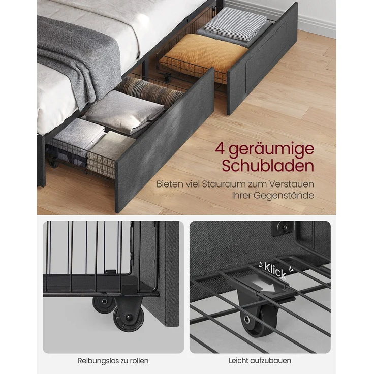 VASAGLE Doppelbettgestell, Bettgestell, 140 x 200 cm, LED, Metallbett, 4 Schubladen, Ladestation, verstellbares gepolstertes Kopfteil, schiefergrau RMB827G02 – Bild 4