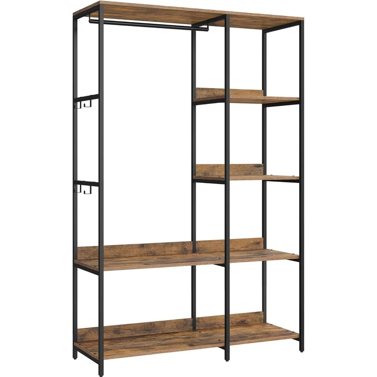 Songmics Kleiderschrank offen, Kleiderständer, Garderobenständer, Garderobe mit Kleiderstange, Ablagen, abnehmbare Haken, 40 x 98 x 181 cm, vintagebraun RGR024B01