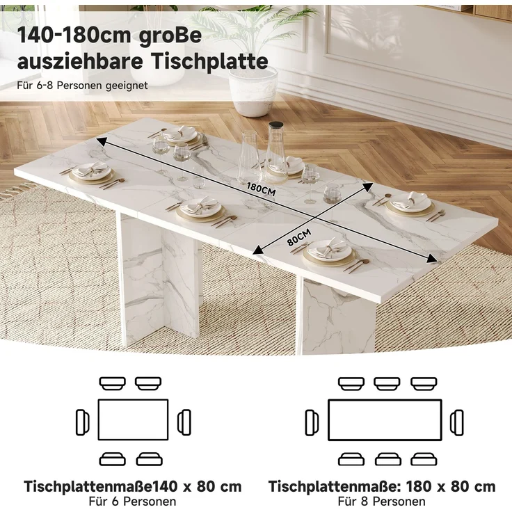 Merax Ausziehbarer Esstisch, 140/180*80 cm, geeignet für 6-8 Personen, rechteckige Form, verdickte Tischplatte, einfachen Stil,Tisch für Esszimmer, Küche, Wohnzimmer, Weißer Marmor – Bild 5