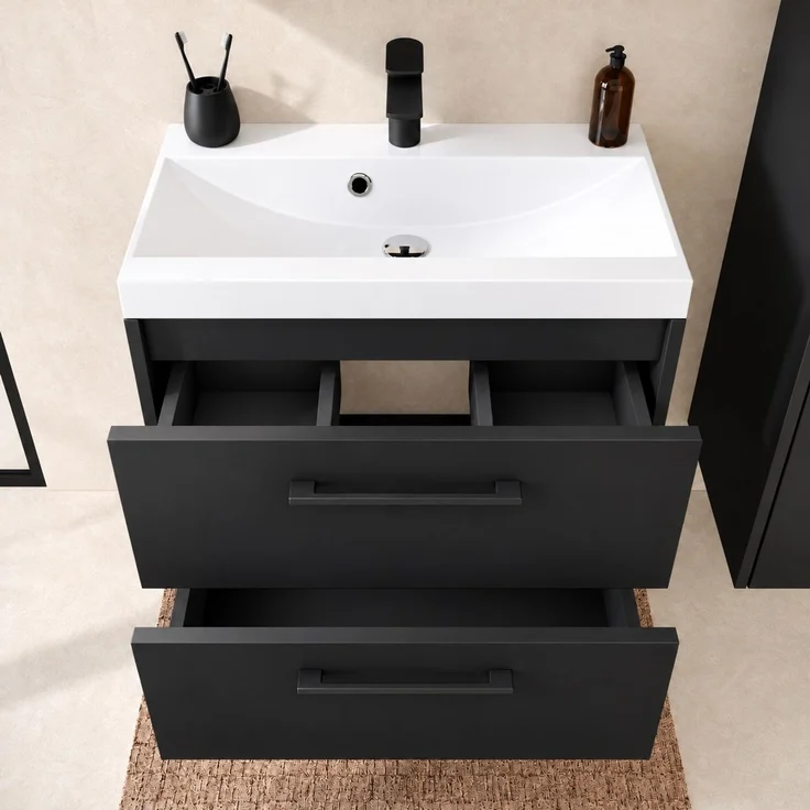 Badmöbel Komplettset Florence 60 x 35 cm Schwarz Matt - Badezimmermöbel mit Waschbecken, Spiegel und Badezimmerschrank – Bild 3