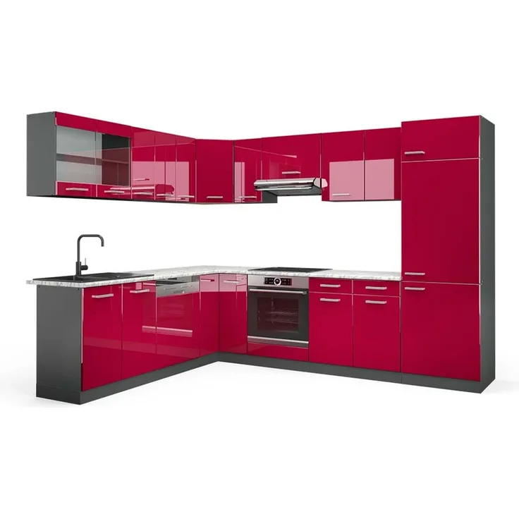 Eckküche R-Line Rot Hochglanz/Anthrazit 287 x 227 cm, AP Marmor Vicco