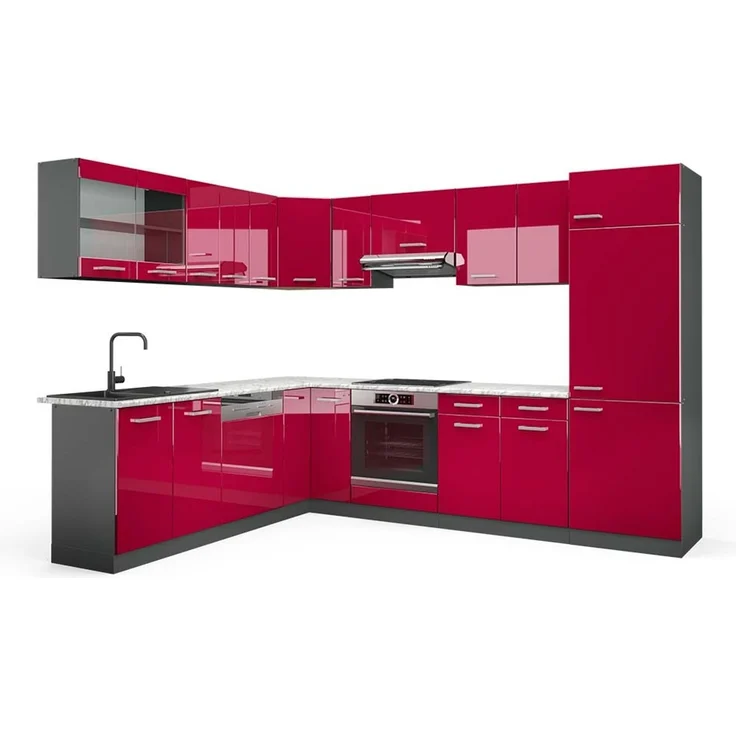 Eckküche R-Line Rot Hochglanz/Anthrazit 287 x 227 cm, AP Marmor Vicco – Bild 1