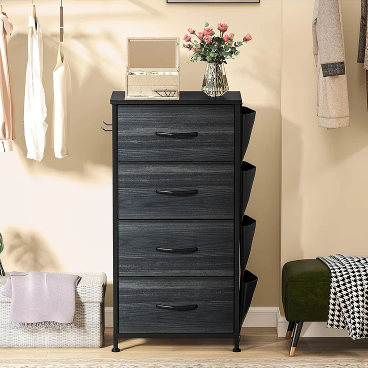 DWVO Kommode mit 4 Schubladen, langlebiger Schrank mit Haken & Seitentaschen, Stoffschubladen mit Griffen, Robustes Metallgestell, Holzmaserung Anthrazit Schwarz – Bild 4
