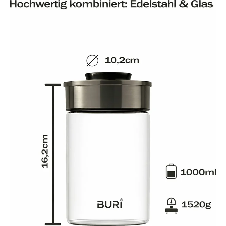 BURI Vorratsglas Vakuumglas 6er Set 1000ml | Vorratsdosen Glas mit Edelstahl Deckel & Vakuum Klick-Mechanismus | Luftdicht mottensicher auslaufsicher stapelbar spülmaschinenfest – Bild 4