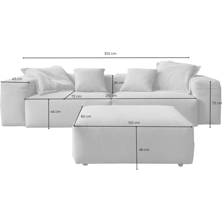 KAWOLA Sofa CELESTE 4-Sitzer mit Hocker Cord hellgrau 72 x 114 x 302 cm – Bild 8