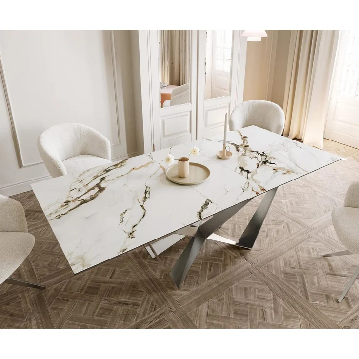 Esstisch Edge 180-220x100 Keramik Calacatta Luxe Weiß-Gold-Grau Spider Flachstahl Edelstahl ausziehbar – Bild 5