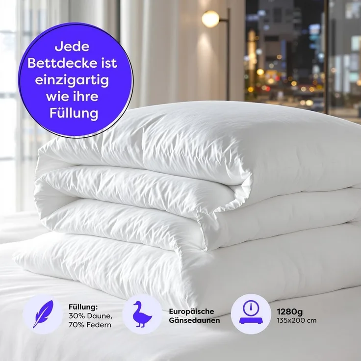 Wolkenfeld Daunenbettdecke Winterbettdecke Daunendecke Anti-Milben, Hypoallergen, Waschbar, Bezug: 100% Baumwolle, 135x200, 155x220, 200x200, 220x240 Gänsedaunen & Federn 500 g/m²