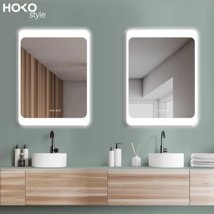 HOKO LED Badspiegel KÖLN 50x70 cm, antibeschlagfähig mit Digitaluhr und Touch-Wandschalter, Design Wandspiegel für Badezimmer – Bild 5