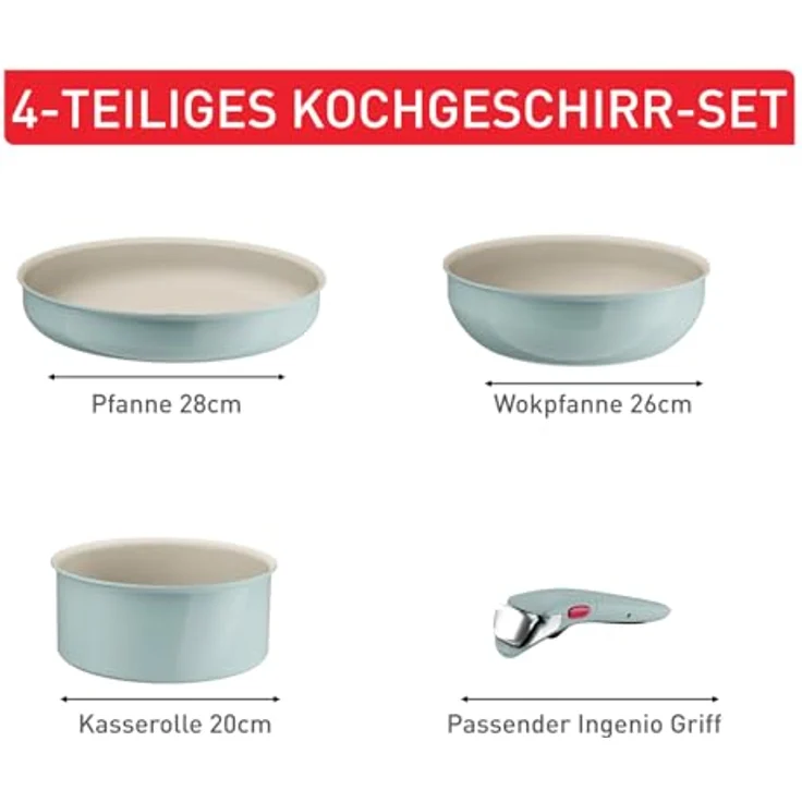 Tefal Ingenio Serenity Kochgeschirr-Set 4-teilig, Mineralia Antihaftversiegelung, platzsparend, stapelbar, für alle Herdarten, spülmaschinengeeignet, Eucalyptus, L8284S04 – Bild 9