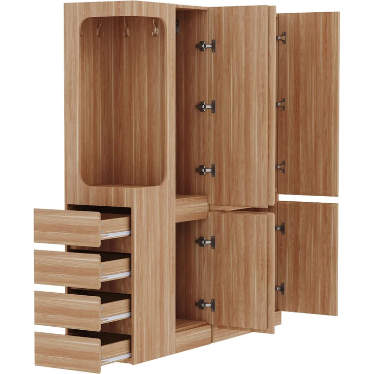 CHICFURN Kleiderschrank 140x170x40 cm aus Holz mit Schubladen und offenem Hängebereich Naturholz – Bild 4