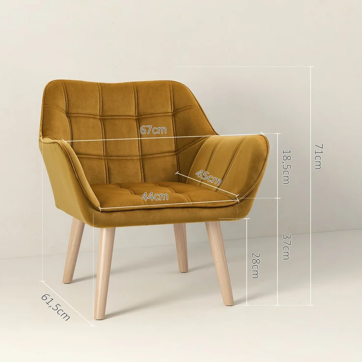 Ohrensessel Einzelsessel Relaxsessel mit Samt, skandinavisch, erhöhte Beine, samtartiges Polyester, Gelb 67x61,5x71 cm--Gelb--67x61.5x71cm--YOUDENOVA – Bild 3