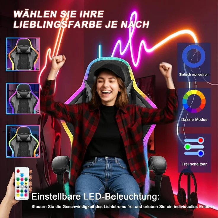 JUMMICO Gaming Stuhl mit led, Cool Racing Gamer Stuhl, Ergonomischer Bürostuhl mit Massagefunktion, Verstellbare Rückenlehne 90-135°, mit Teleskop Fußstütze, Gamingstuhl 150 kg belastbarkeit, Graue – Bild 5