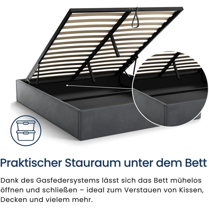 Home Collective Polsterbett Bett Doppelbett Bettgestell mit Lattenrost & Stauraum, platzsparend ohne Kopfteil, weiche Samtpolsterung, 140x200 cm graphit – Bild 2