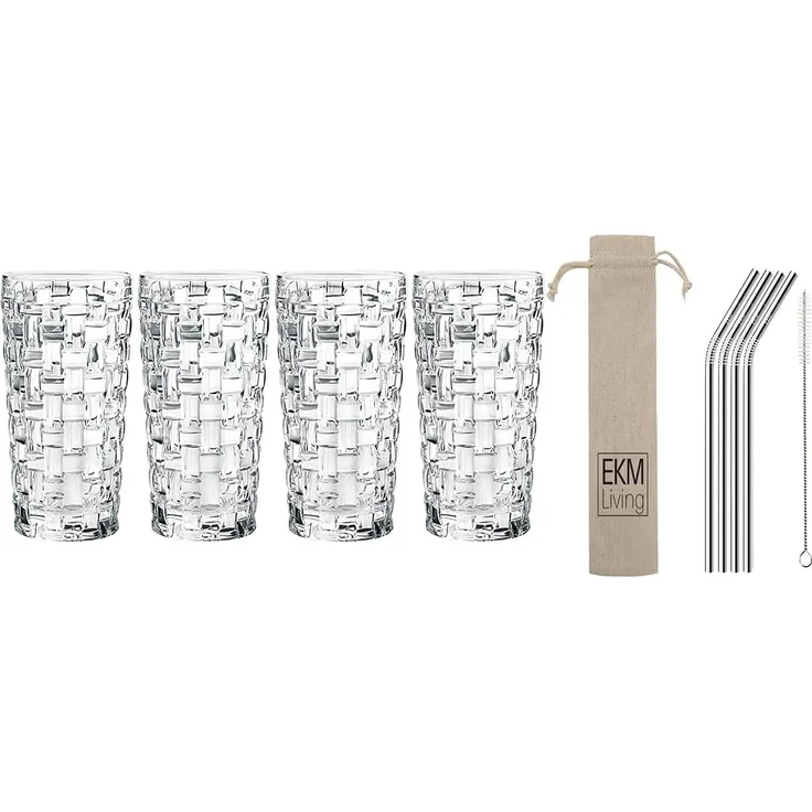Spiegelau & Nachtmann, 4-teiliges Longdrink-Set, Kristallglas, 395 ml, Bossa Nova, 0092075-0 + 4er Set EKM Living Edelstahl Strohhalme Silber gebogen