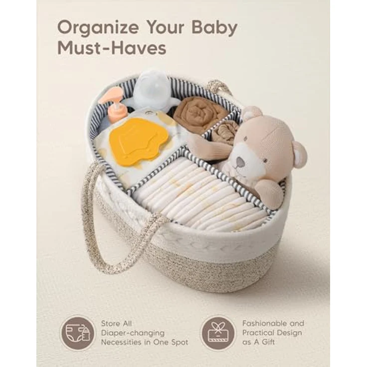Maliton Wickeltisch Organizer，Baby Organizer Korb，Aufbewahrungskorb für den Wickeltisch，Windel Caddy mit Fächern & Griffen，Geschenke für Neugeborene – Bild 5