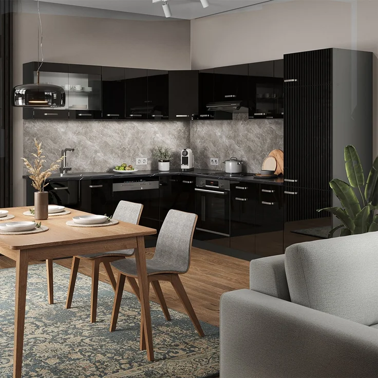 Eck-Küchenschrank für Dachschrägen R-Line Schwarz Hochglanz 75.6 cm mit 1 Tür Vicco – Bild 3
