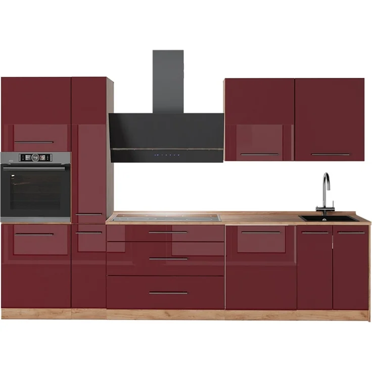 Küchenzeile Fame-Line Bordeaux Hochglanz/Goldkraft Eiche 310 cm ohne Arbeitsplatte Vicco – Bild 1