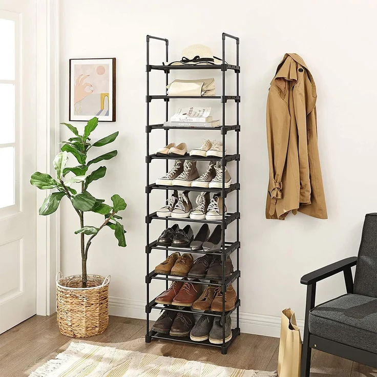 Songmics Schuhregal mit 10 Ebenen, offener Schuhschrank hoch, Schuhständer schmal, Schuhaufbewahrung, aus Metall, platzsparend, für Ankleidezimmer, Flur, 30 x 45 x 174 cm, schwarz LSA25BK – Bild 6