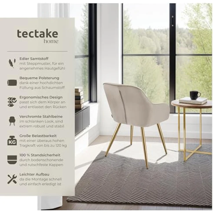 tectake Esszimmerstuhl Polstersessel gepolstert, in Samtoptik, gesteppt, 58 x 62 x 82 cm (Küchenstuhl Marilyn in taupe/gold, 4 St), schlanke, goldene Stahlbeine, bodenschonend, Belastbarkeit 120 kg – Bild 5