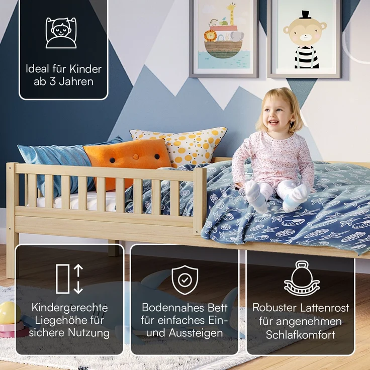 Bellabino 'Vils' Kinderbett 90x200 cm, natur, Kiefer Massivholz, Montessori Bett mit Lattenrost und mit abnehmbarem Rausfallschutz – Bild 3