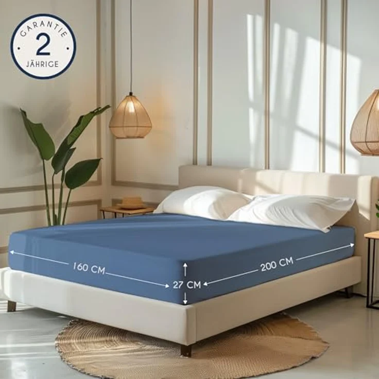 Dreamzie - Spannbettlaken 160x200 cm - Baumwolle Oeko Tex Zertifiziert - Blau - 100% Jersey Spannbettlaken 160x200 cm Baumwolle – Bild 3