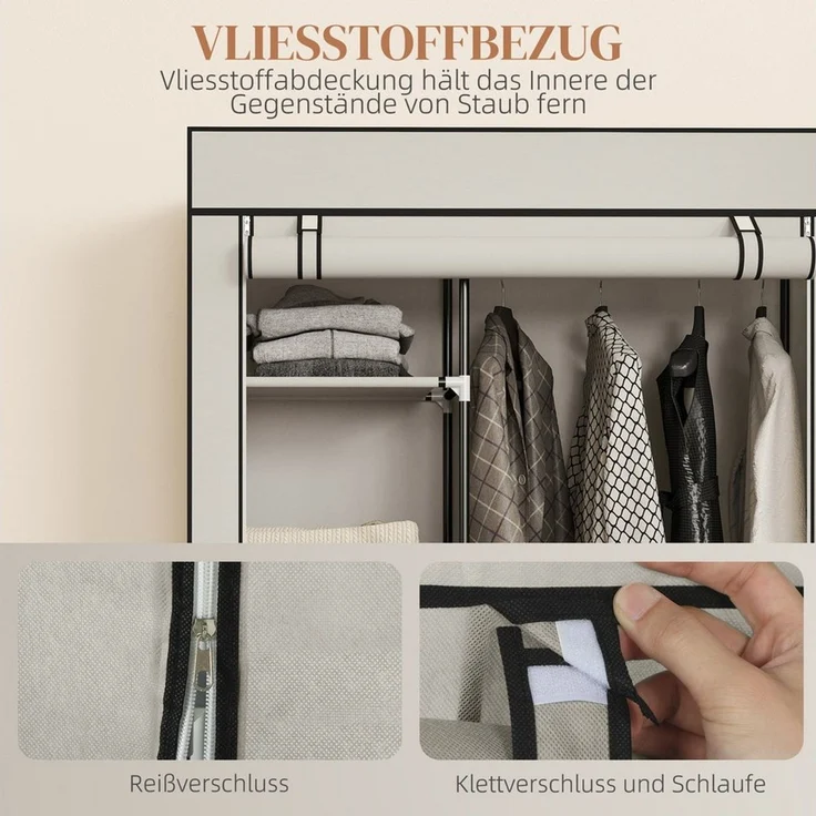 Luckice Stoffschrank Stoffschrank, Aufbewahrungslösung mit 6 Regalen & 1 Kleiderstange (103x43x162,5 cm, Creme, mit Rollen) – Bild 4
