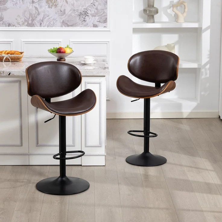 LVHOM Barhocker 2er Set, Höhenverstellbarer Barstuhl mit Bugholz-Rückenlehne und Fußstütze, drehbare Küchenhocker, gepolsterter Tresenhocker aus PU-Leder, Braun – Bild 7