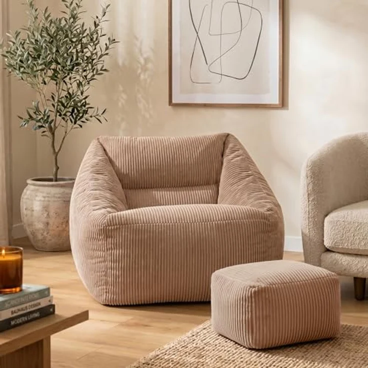 Icon Natalia Sitzsack Sessel mit Hocker für Erwachsene, Mokkabraun, Flauschiger Cord Stoff, Riesen Sitzsack Cord mit Füllung, Bean Bag Chair, Bequemer Sessel Wohnzimmer, Lounge, Schlafzimmer, Büro – Bild 2