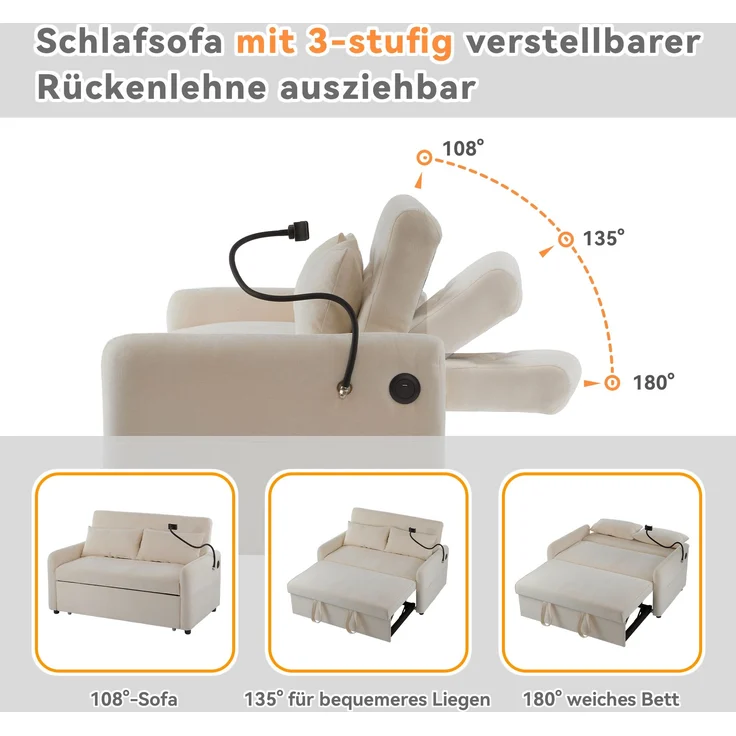 Multifunktions-Klappschlafsofa, verstellbar, mit USB-Ladung, Chenille Beige, 129x76x81 cm – Bild 7