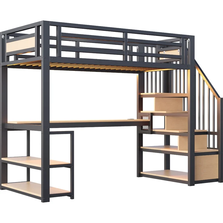 EINHOM 90 x 200 Cmmetall-Hochbett, mit LED-Lichtleiste und Ladeanschluss, mit Aufbewahrungsleiter, Regalen und Tisch, Sicherheitszaun-Design, Hohes Eisenrahmenbett mit Metallrahmen für Stabile Unterstützung, Schwarz (Ohne Matratze) – Bild 6