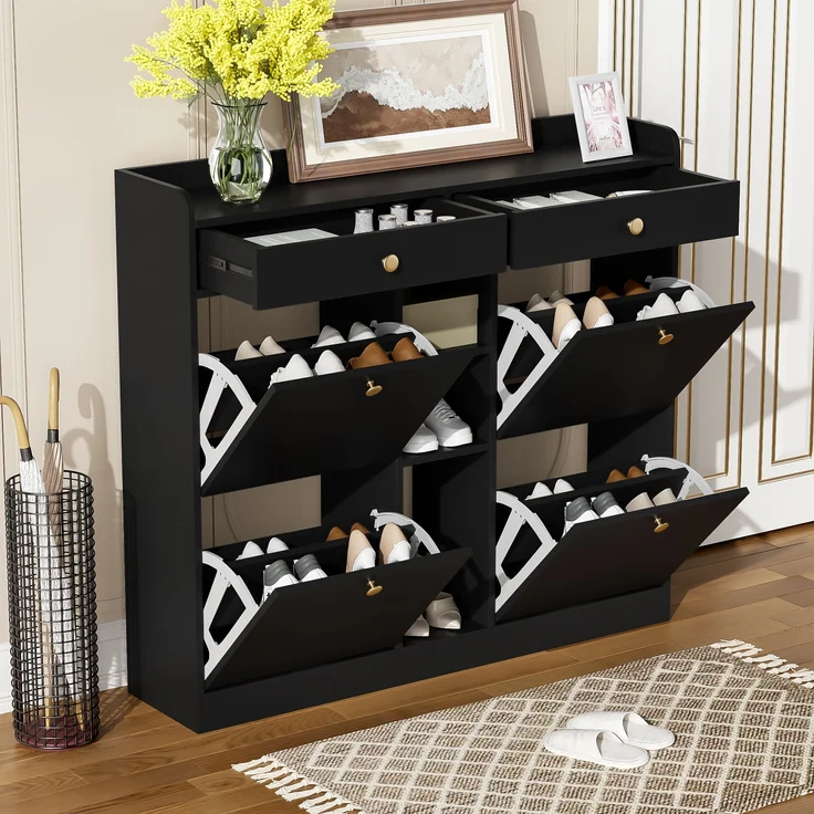 Schuhschrank, Spanplatte mit 4 Klapptüren & 2 Schubladen, 110x26x100 cm, Schwarz – Bild 4