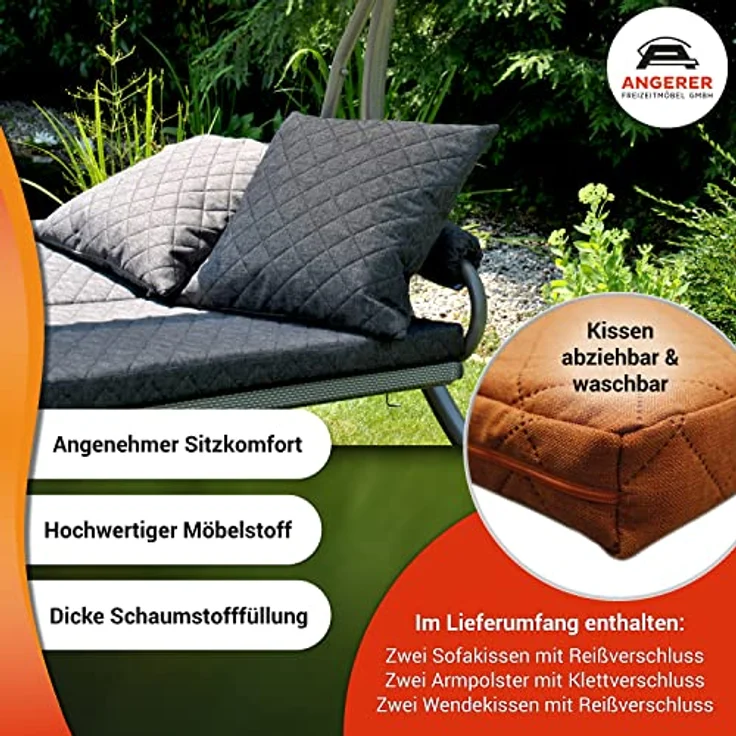 Angerer Freizeitmöbel Hollywoodschaukel 'Elegance Joy', terracotta, 3-Sitzer mit Bettfunktion, wetterfestem Sonnendach, abziehbaren und waschbaren Bezügen, Made in Germany, 210 x 145 x 160 cm – Bild 2