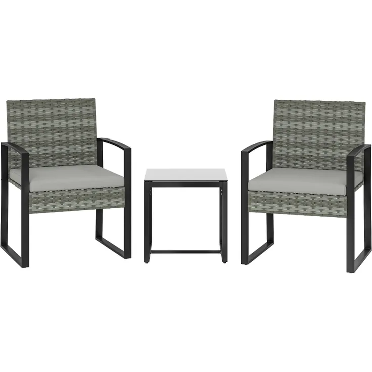 Rattan Bistroset, 3 teiliges Gartenmöbel-Set mit 2 Gartenstühlen, Couchtisch, abnehmbar Kissen Hellgrau